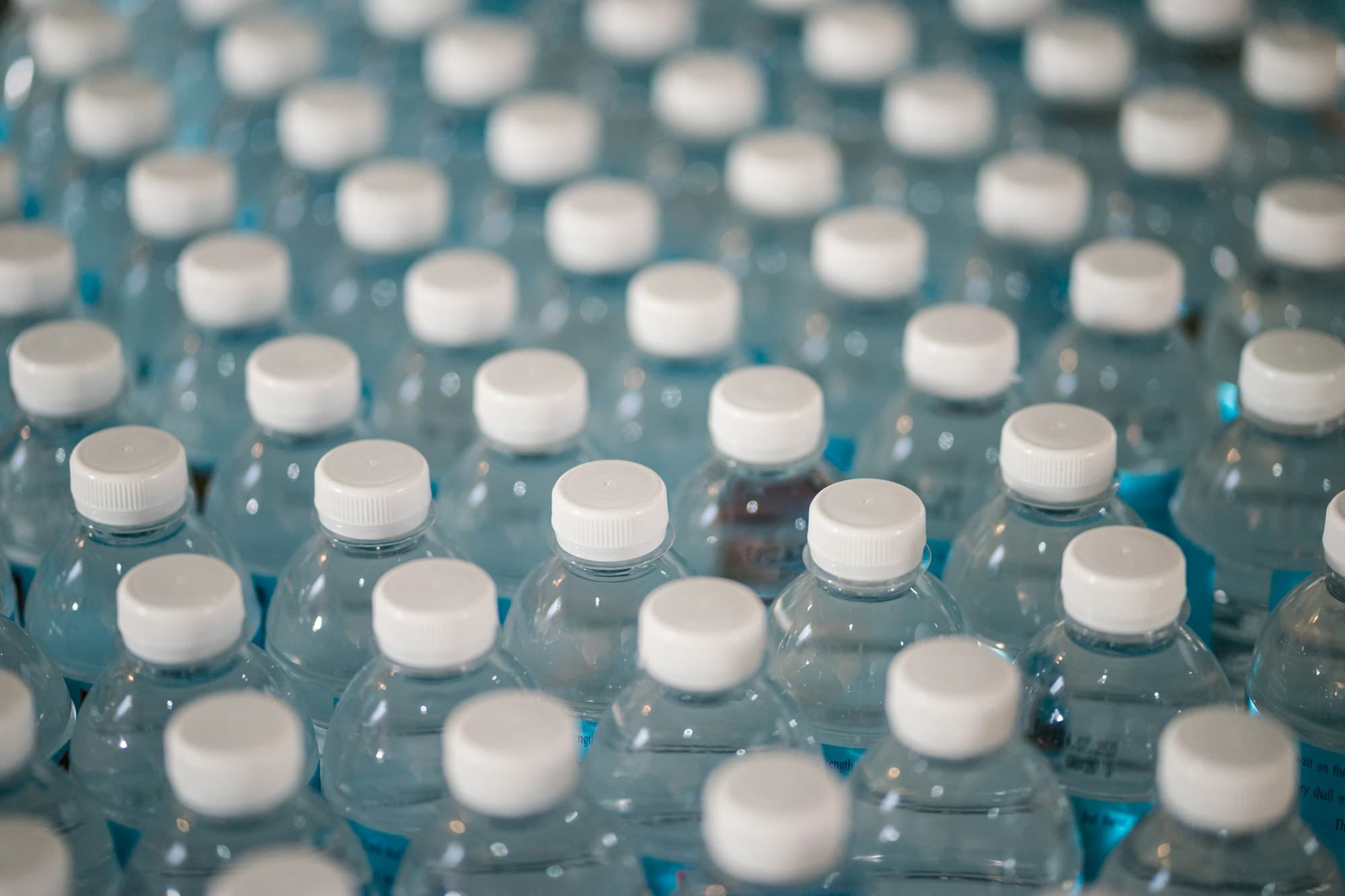 Rows of freshly filled water bottles